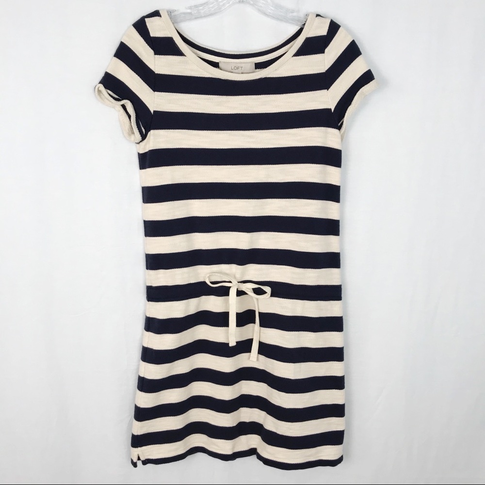 LOFT navy striped dress with drawstring waist - Picture 2 of 8